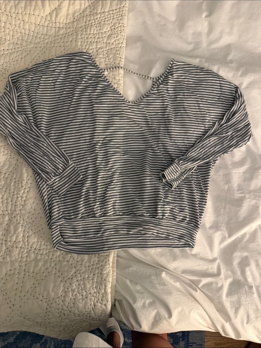 Eberjey Navy and White Striped V-Neck Pullover